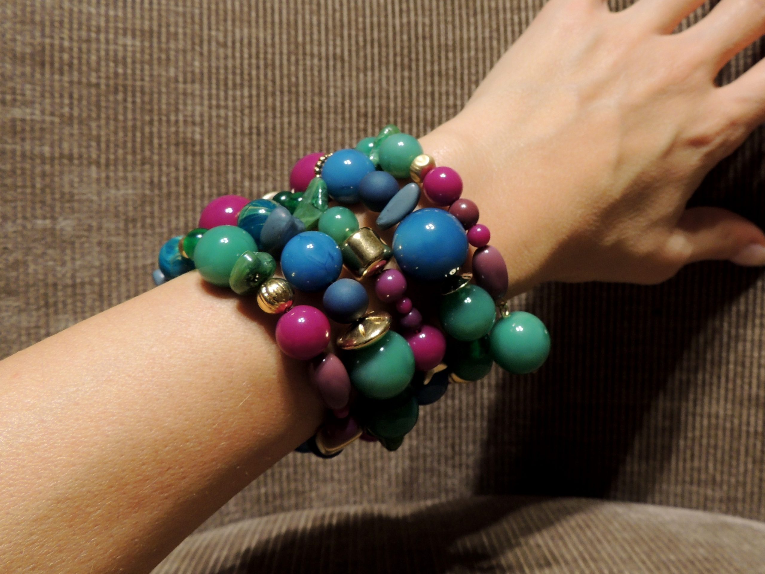 Bracciale spirale alto - 85) Verde Smeraldo/Prugna/Azzurro Mare